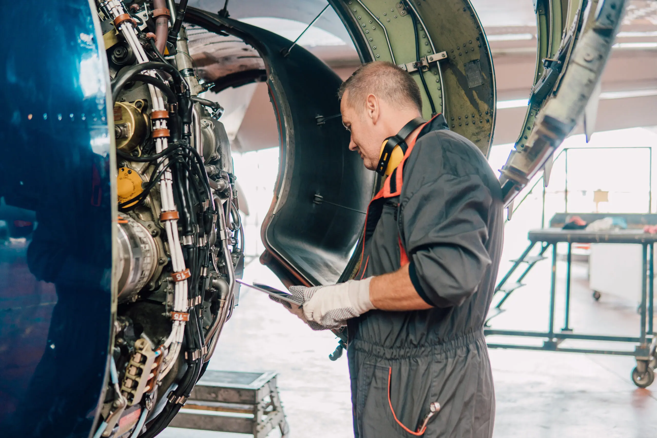 Aircraft mechanic inspecting engine components.