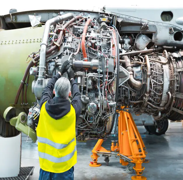Mechanic inspecting aircraft jet engine machinery.