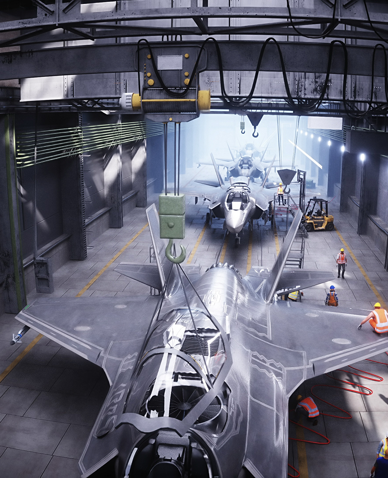 Fighter jets in maintenance hangar with workers.